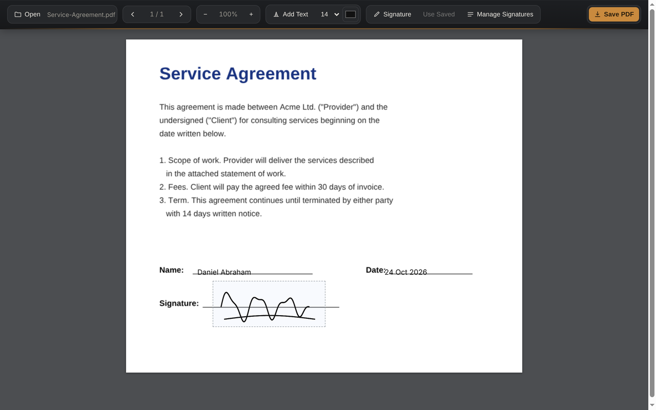 PDF editor with typed text and a drawn signature