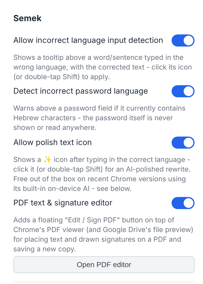 Semek popup with feature toggles